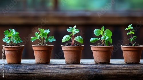 Plants in small pots lined up in a row