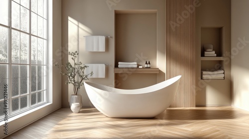 Stylish bathroom interior featuring an elegant freestanding bathtub