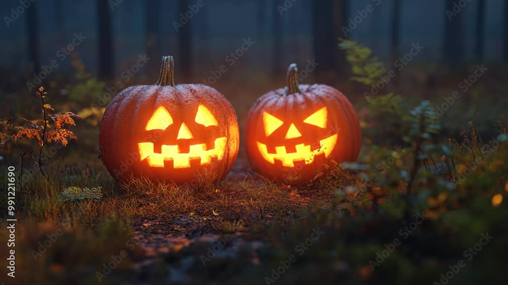 Video banner with Jack-o-lantern with fall leaves on orange background with copy space. Halloween celebration and autumn theme. Holiday decoration and spooky atmosphere concept. Video banner with Jack-o-lantern with fall leaves on orange background with copy space. Halloween celebration and autumn theme. Holiday decoration and spooky atmosphere concept.