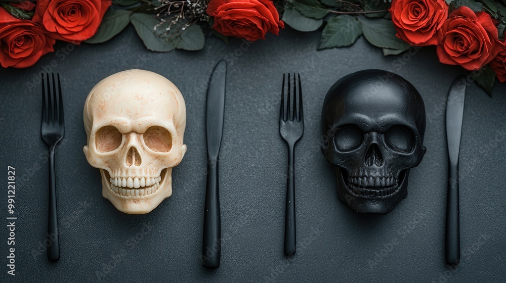 Two decorative skulls, one white and one black, are flanked by black forks on a dark surface, with red roses and green leaves adding a striking contrast. Two decorative skulls, one white and one black, are flanked by black forks on a dark surface, with red roses and green leaves adding a striking contrast.
