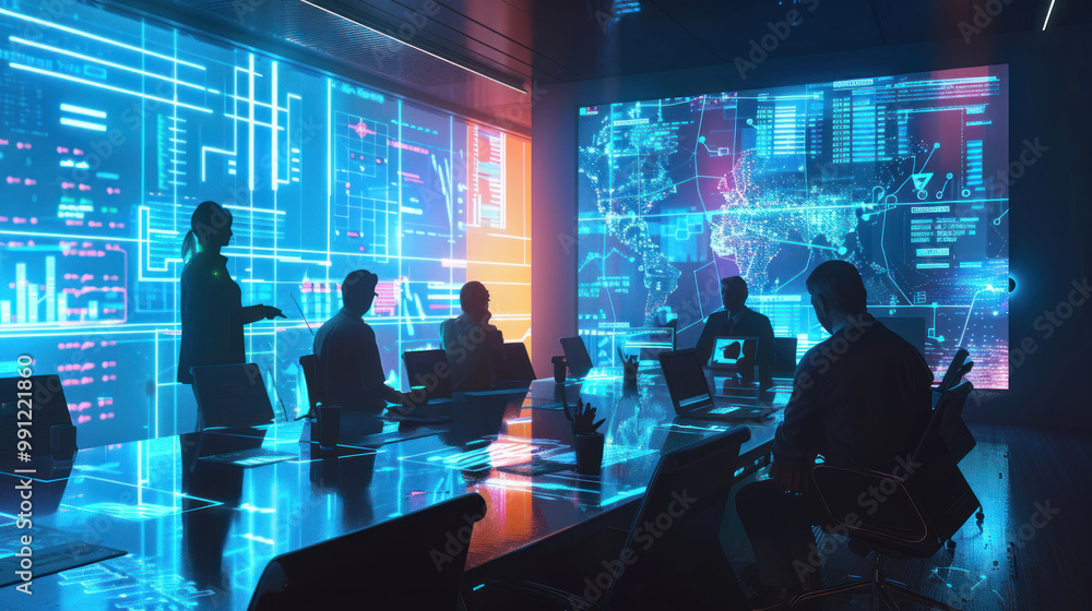 A digital transformation team in a futuristic boardroom, developing strategies to lead their company's technological innovation and global competitiveness. A digital transformation team in a futuristic boardroom, developing strategies to lead their company's technological innovation and global competitiveness.