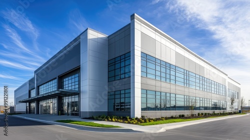 Sleek modern exterior of a warehouse office building featuring gray architectural design