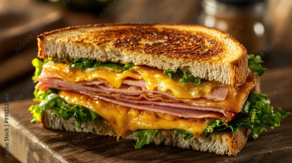 Classic toasted sandwich featuring cheese ham and fresh lettuce Classic toasted sandwich featuring cheese ham and fresh lettuce