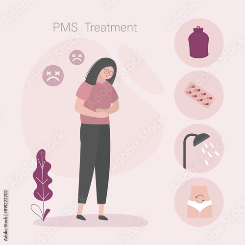 Infographics treatment of menstrual pain. Cute girl, menstrual period. Card poster female menstruation pain treatment.