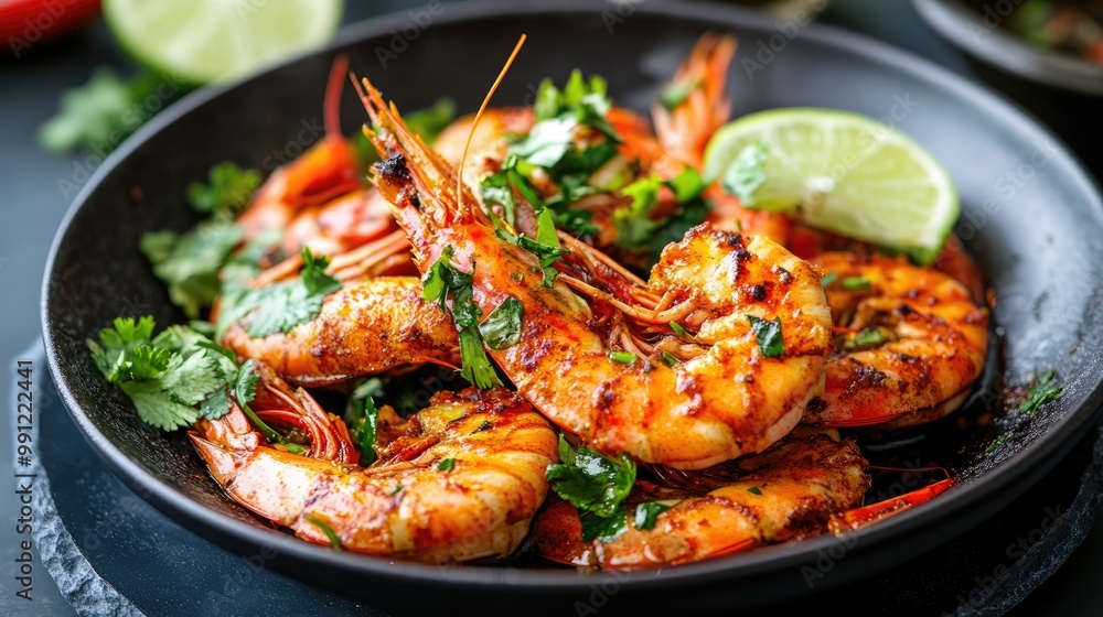 Spicy tiger prawns garnished with aromatic herbs and zesty lime Spicy tiger prawns garnished with aromatic herbs and zesty lime