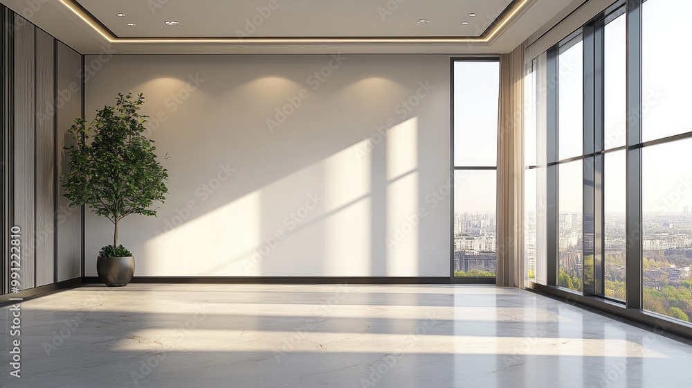 Obraz premium Spacious luxury apartment room featuring a large window and ample blank space ideal for showcasing residential interior design concepts