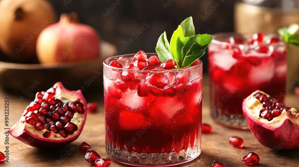 Pomegranate cocktail featuring fresh vibrant red fruit Pomegranate cocktail featuring fresh vibrant red fruit