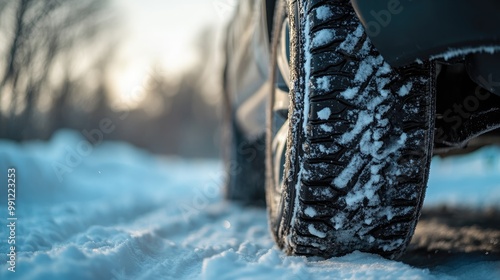 Wheels equipped with winter tires on snow prepared for challenging weather conditions photo