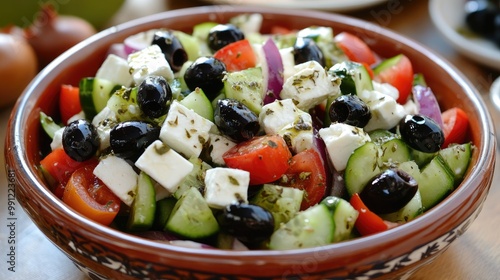 Classic Greek salad featuring fresh tomatoes cucumbers red pepper onion olives oregano and feta cheese elegantly displayed in a bowl with black olives as the main highlight