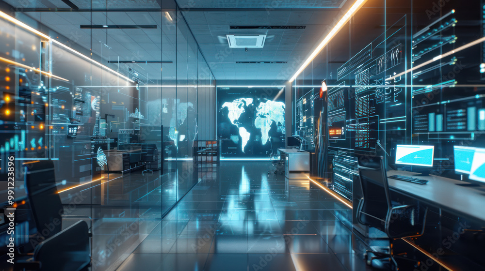 A digital workplace filled with the latest tech innovations, from biometric access systems to AI-powered project tracking. A digital workplace filled with the latest tech innovations, from biometric access systems to AI-powered project tracking.