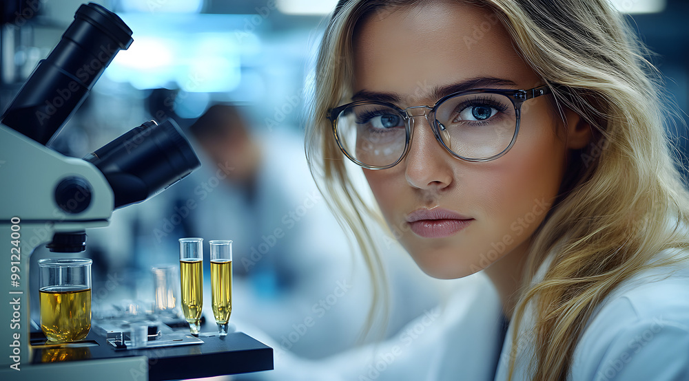 A Beautiful Female Scientist in Her Thirties Wearing Glasses and a Lab Coat, Conducting Research in a Modern Laboratory, Symbolizing Intelligence, Innovation, and Professionalism in the Scientific Fie A Beautiful Female Scientist in Her Thirties Wearing Glasses and a Lab Coat, Conducting Research in a Modern Laboratory, Symbolizing Intelligence, Innovation, and Professionalism in the Scientific Fie