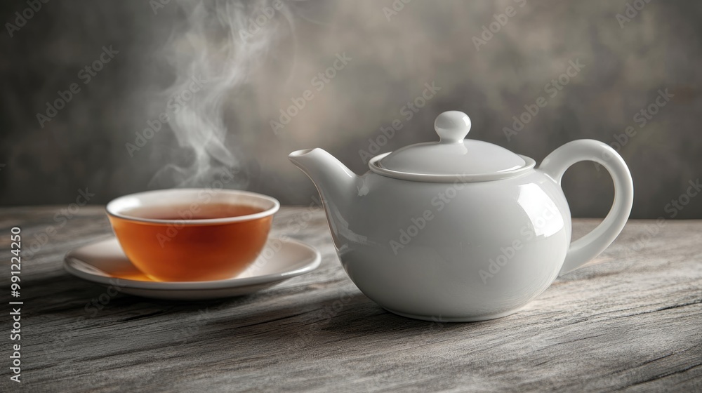 White ceramic teapot paired with a cup of steaming amber tea on a gray wooden surface White ceramic teapot paired with a cup of steaming amber tea on a gray wooden surface