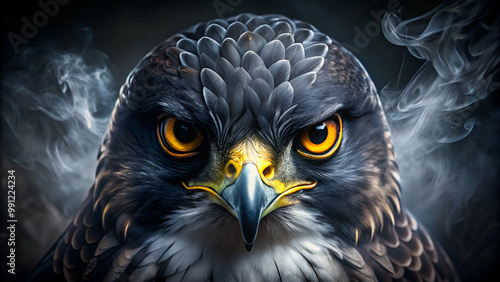 Angry mad falcon eyes only from the front into shadow with smoke