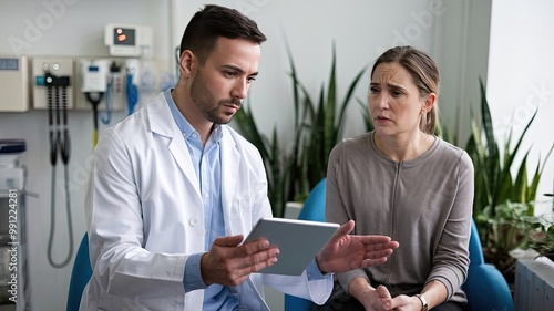 A photo of a doctor holding a tablet while consulting with a patient in a clinic. The doctor is wearing a white coat and has his hands outstretched. The patient is sitting in a chair and has a concern