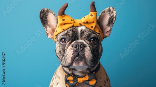 Merle French Bulldog dressed in a humorous cow costume headband with a bow tie posed against a vibrant blue backdrop photo