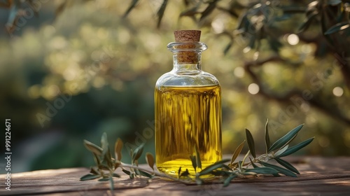 Golden goodness of fresh olive oil in a glass bottle A healthy green Mediterranean elixir showcasing nature s bounty with freshly pressed extra virgin quality photo