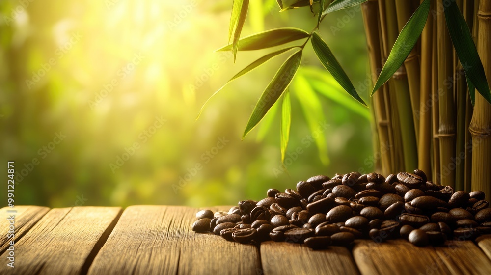 Obraz premium Coffee beans cascade onto a wooden table against a rich bamboo backdrop A warm toned image