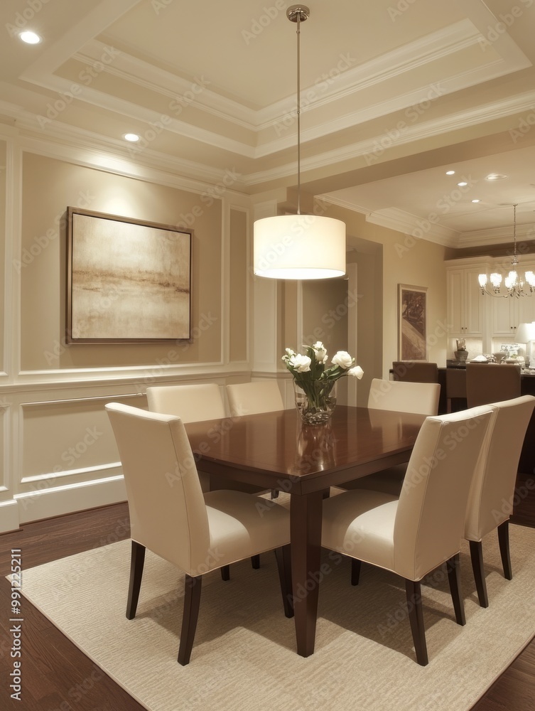 A dining room with a brown table, cream chairs, and a simple pendant light A dining room with a brown table, cream chairs, and a simple pendant light
