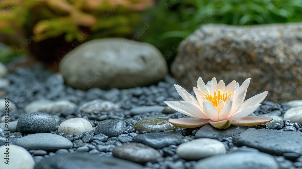 Fototapeta premium Tranquil lotus surrounded by spa stones in a serene rock garden representing harmony and peace