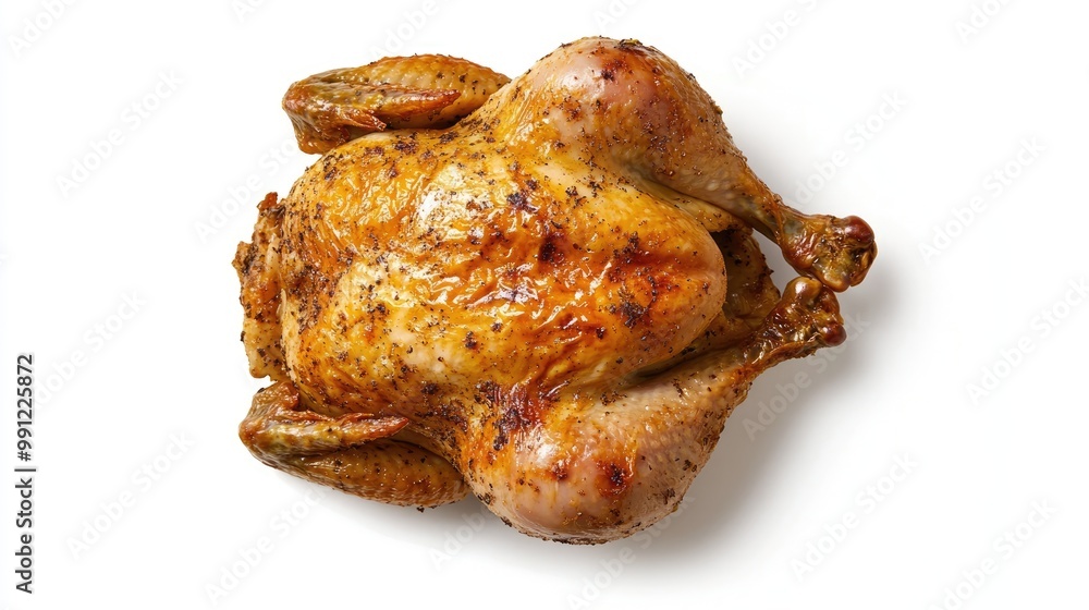 Roasted chicken displayed from a top view against a clean white background Roasted chicken displayed from a top view against a clean white background