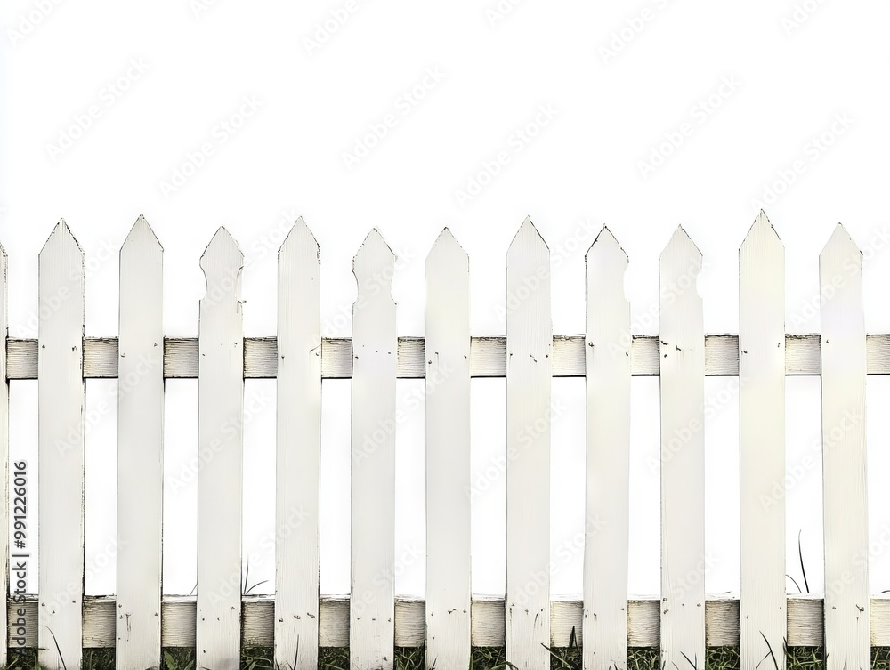 Obraz premium A white picket fence in a grassy field with a white background