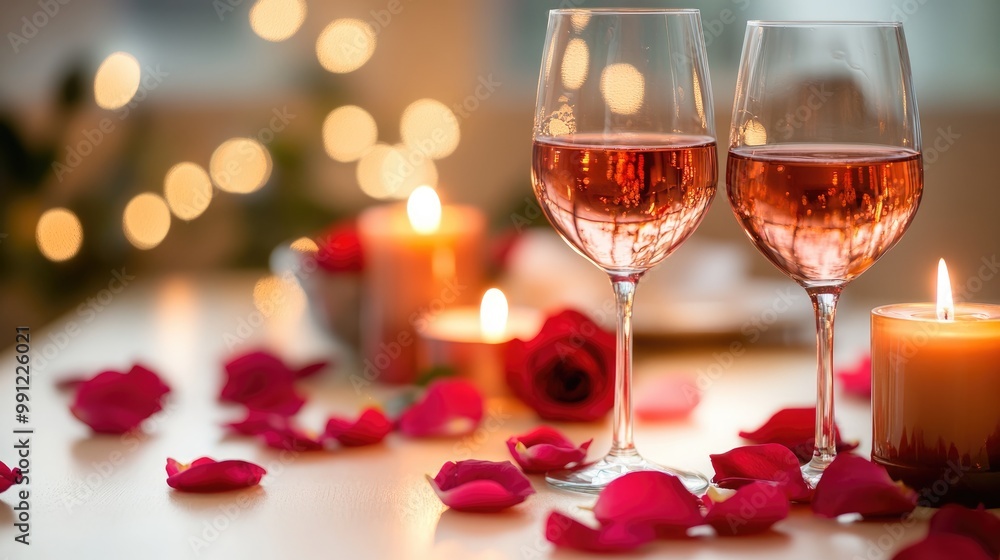 Glasses of wine rose petals and candles create a soft blurred ambiance on a table perfect for a romantic setting and Valentine s Day theme Glasses of wine rose petals and candles create a soft blurred ambiance on a table perfect for a romantic setting and Valentine s Day theme