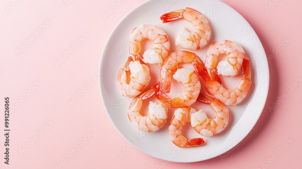 Peeled shrimp on a plate against a soft pink background Shrimp tails prepared for cooking Boiled prawns Seafood theme Top view flat lay composition Peach fuzz color of 2024 Peeled shrimp on a plate against a soft pink background Shrimp tails prepared for cooking Boiled prawns Seafood theme Top view flat lay composition Peach fuzz color of 2024