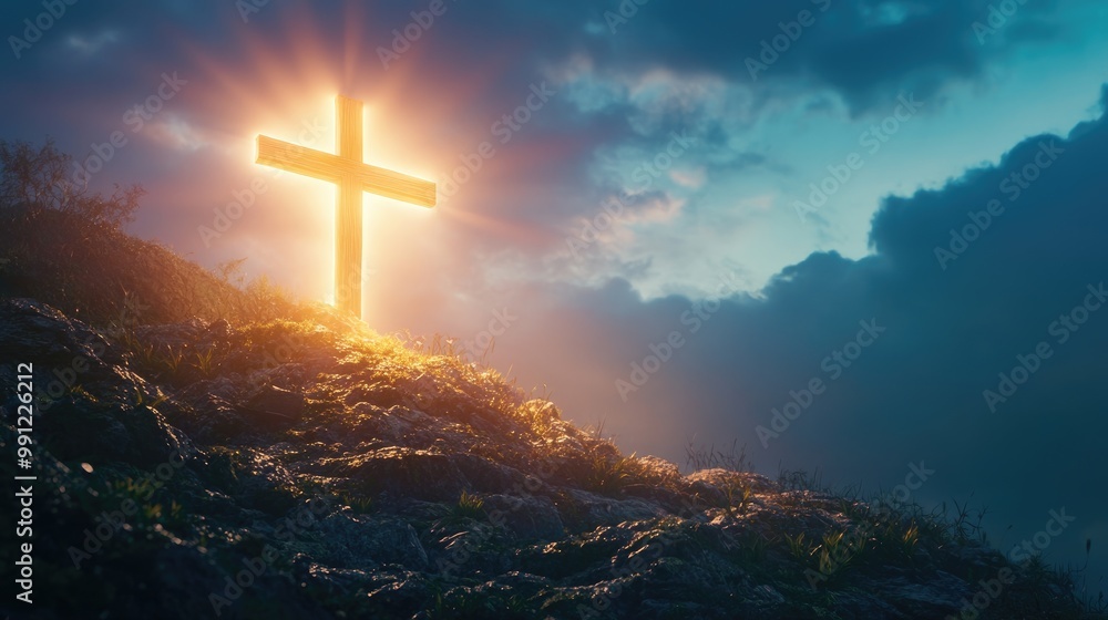 Divine cross illuminated by sunlight on a hillside Symbolic representation of faith and spirituality Divine cross illuminated by sunlight on a hillside Symbolic representation of faith and spirituality