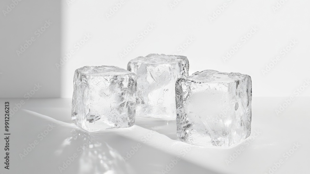 Three ice cubes placed against a white backdrop Three ice cubes placed against a white backdrop