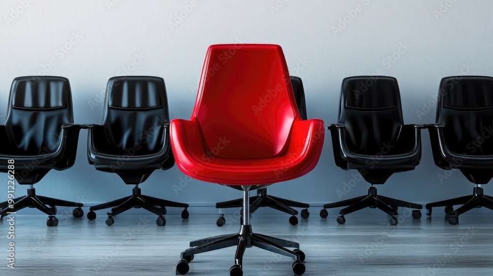 A striking red office chair standing out among black chairs on a white background, symbolizing leadership and individuality A striking red office chair standing out among black chairs on a white background, symbolizing leadership and individuality