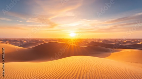Fototapeta Naklejka Na Ścianę i Meble -  Golden sand dunes stretch across the horizon illuminated by warm sunlight at sunset evoking a serene and vast desert ambiance