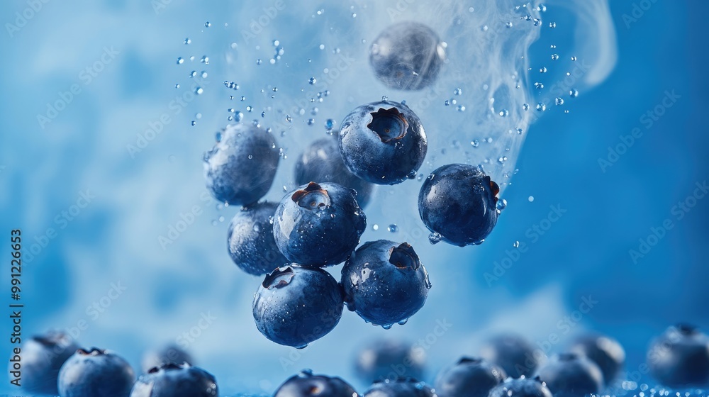 Fresh raw blueberries bursting and scattering against a blue backdrop with steam and smoke in the background showcasing food levitation technology Fresh raw blueberries bursting and scattering against a blue backdrop with steam and smoke in the background showcasing food levitation technology