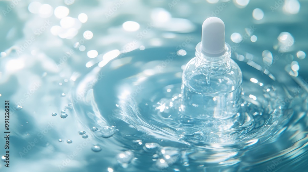 Elegant skincare serum plunges into clear water generating a refreshing charm in a tranquil environment Elegant skincare serum plunges into clear water generating a refreshing charm in a tranquil environment