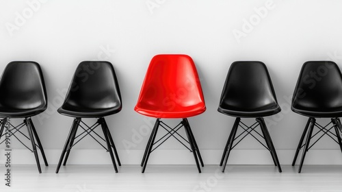 A striking red office chair standing out among black chairs on a white background, symbolizing leadership and individuality