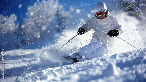 Skier carving through fresh powder