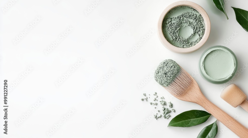 An exfoliating scrub infused with green clay and natural ingredients accompanied by a beauty mask showcased on a pristine white background encouraging self care indulgence An exfoliating scrub infused with green clay and natural ingredients accompanied by a beauty mask showcased on a pristine white background encouraging self care indulgence