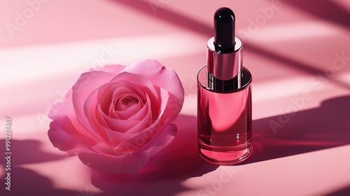 Dropper bottle containing rose cosmetic oil showcasing a skincare beauty product concept with strong shadows photo