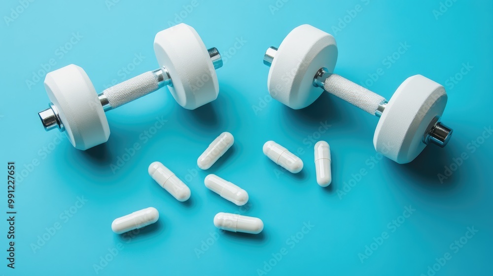 White dumbbells alongside medical pills on a blue backdrop Home workout equipment fitness medication and weight loss concept with a modern exercise theme White dumbbells alongside medical pills on a blue backdrop Home workout equipment fitness medication and weight loss concept with a modern exercise theme