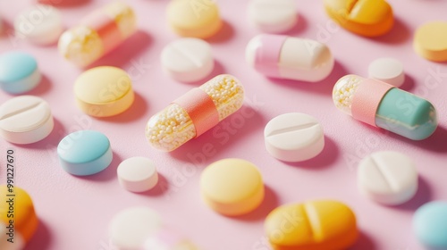 Close up view of various pills featuring colorful plastic capsules and tablets in soft pastel shades on a textured background