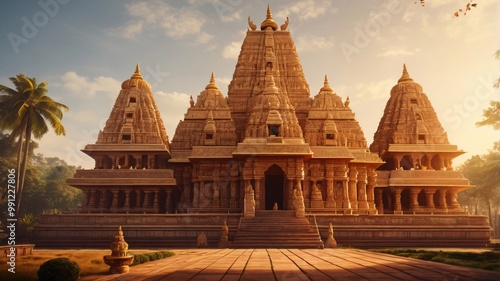 A majestic Indian temple, bathed in golden sunlight, with intricate carvings depicting Hindu deities and mythical creatures