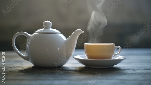 White ceramic teapot paired with a cup of steaming amber tea on a gray wooden surface