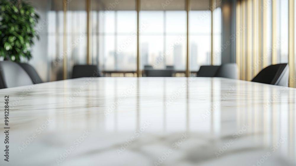Fototapeta premium Elegant table featuring a stunning marble design in a luxurious office setting complete with ample empty space for text against a blurred backdrop