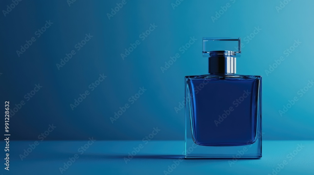 Blue perfume bottle set against a matching blue backdrop Mockup of a men s fragrance container Blue perfume bottle set against a matching blue backdrop Mockup of a men s fragrance container