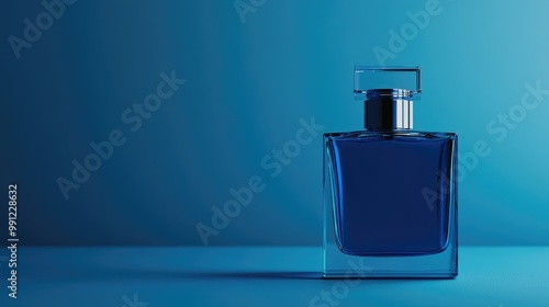 Blue perfume bottle set against a matching blue backdrop Mockup of a men s fragrance container