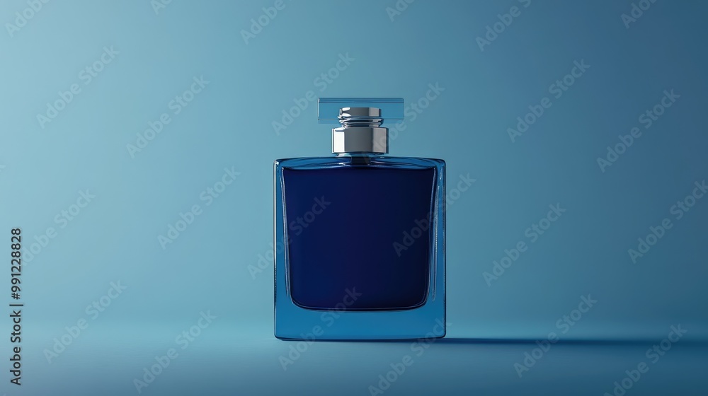 Blue perfume bottle set against a matching blue backdrop Mockup of a men s fragrance container Blue perfume bottle set against a matching blue backdrop Mockup of a men s fragrance container