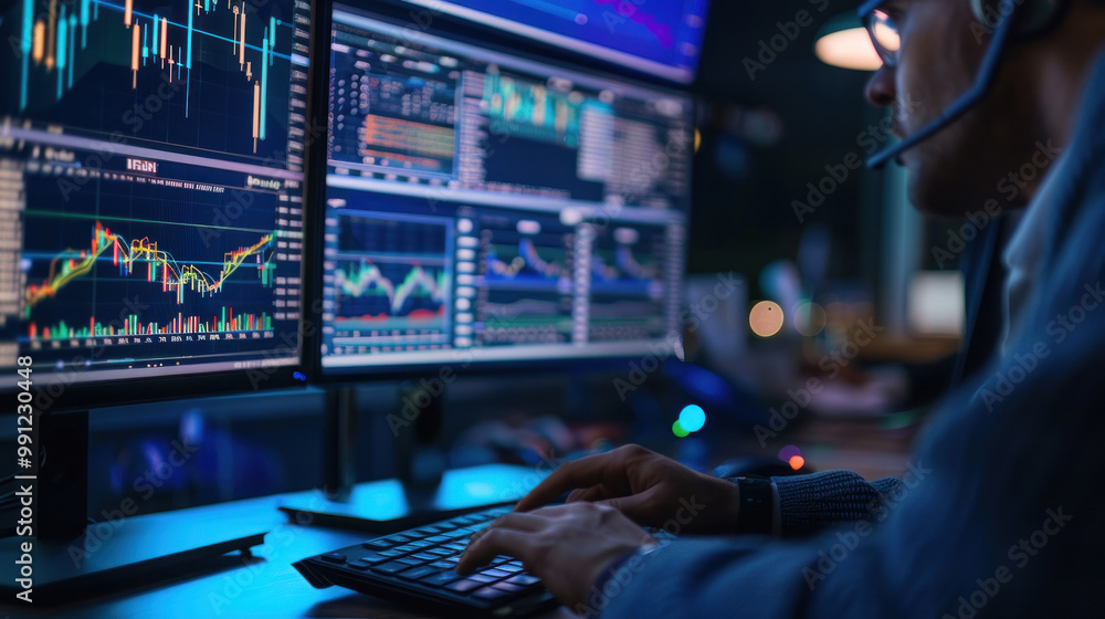 A dynamic scene of an investor researching diverse investment opportunities, focusing on growth potential and risk management. A dynamic scene of an investor researching diverse investment opportunities, focusing on growth potential and risk management.