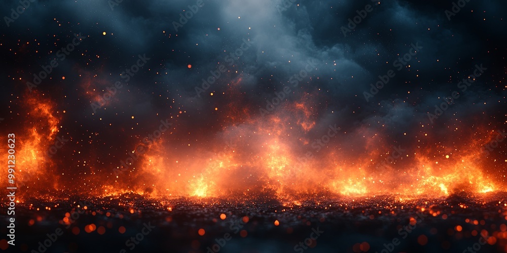 A fiery inferno erupts beneath a stormy sky, with sparks flying and a sense of intense heat.