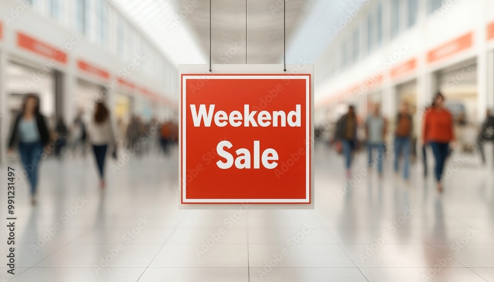 Fototapeta premium Weekend sale sign in a busy shopping mall with blurred shoppers in the background.