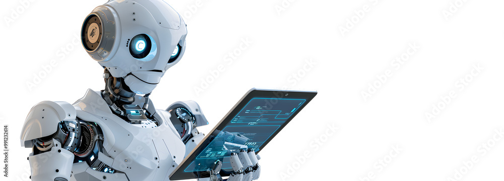 Ai robot using tablet isolate on white background Ai robot using tablet isolate on white background