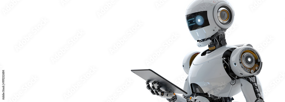 Ai robot using tablet isolate on white background Ai robot using tablet isolate on white background